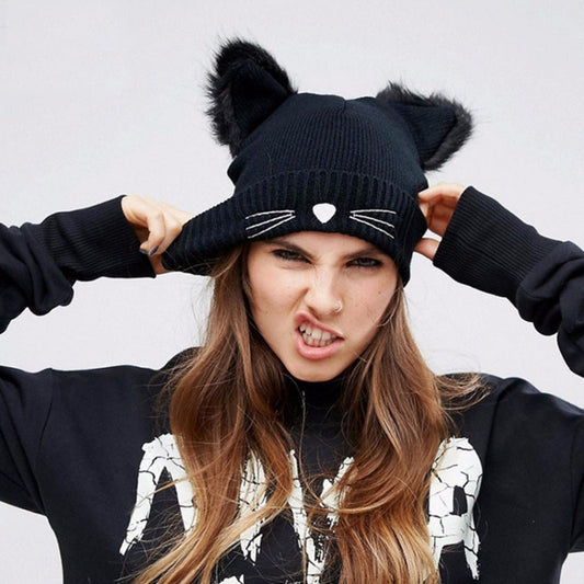 Cat Ears Women Hat Knitted Acrylic Winter Beanie
