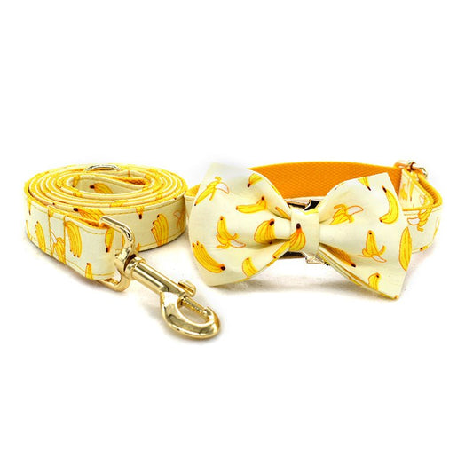 1.5m Rope Yellow Bowtie Banana Dog Traction Rope Pet Collar - Engravable With Gold Metal Buckle