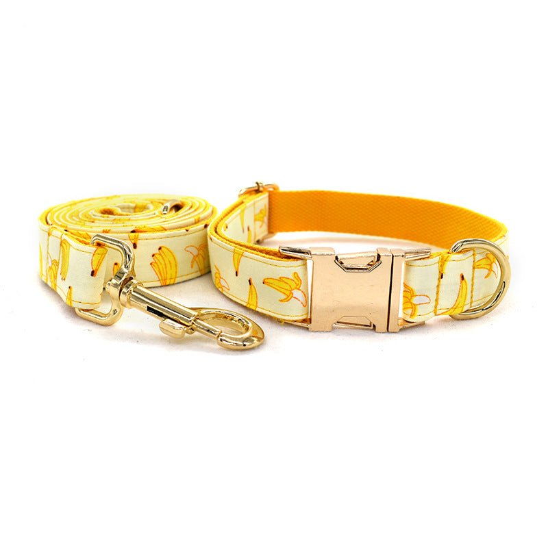 1.5m Rope Yellow Bowtie Banana Dog Traction Rope Pet Collar - Engravable With Gold Metal Buckle