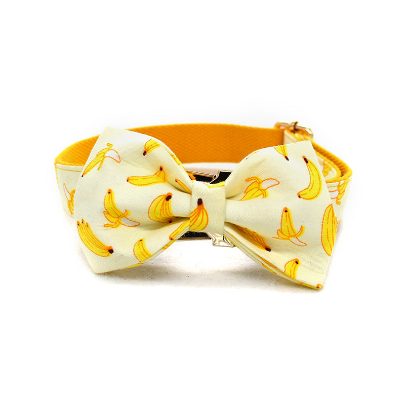 1.5m Rope Yellow Bowtie Banana Dog Traction Rope Pet Collar - Engravable With Gold Metal Buckle
