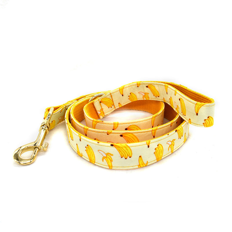 1.5m Rope Yellow Bowtie Banana Dog Traction Rope Pet Collar - Engravable With Gold Metal Buckle