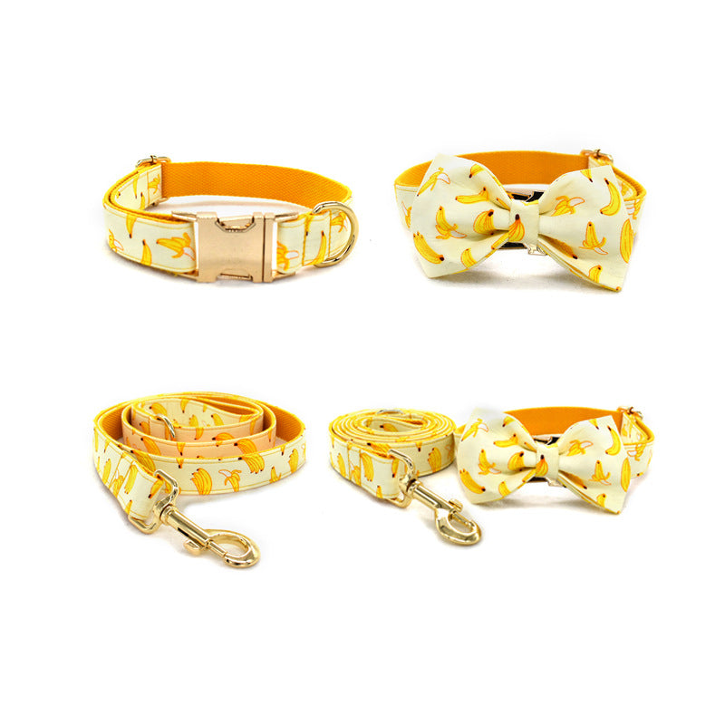 1.5m Rope Yellow Bowtie Banana Dog Traction Rope Pet Collar - Engravable With Gold Metal Buckle
