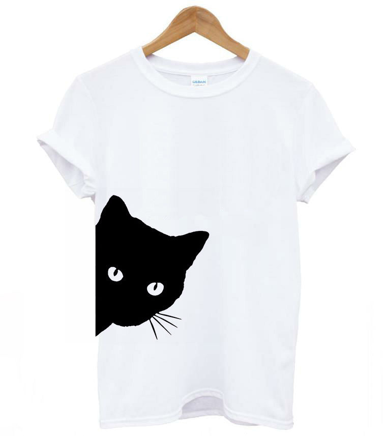 Peeking Cat Funny T-Shirt Women's Cotton