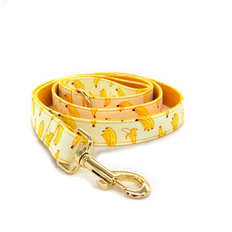 1.5m Rope Yellow Bowtie Banana Dog Traction Rope Pet Collar - Engravable With Gold Metal Buckle