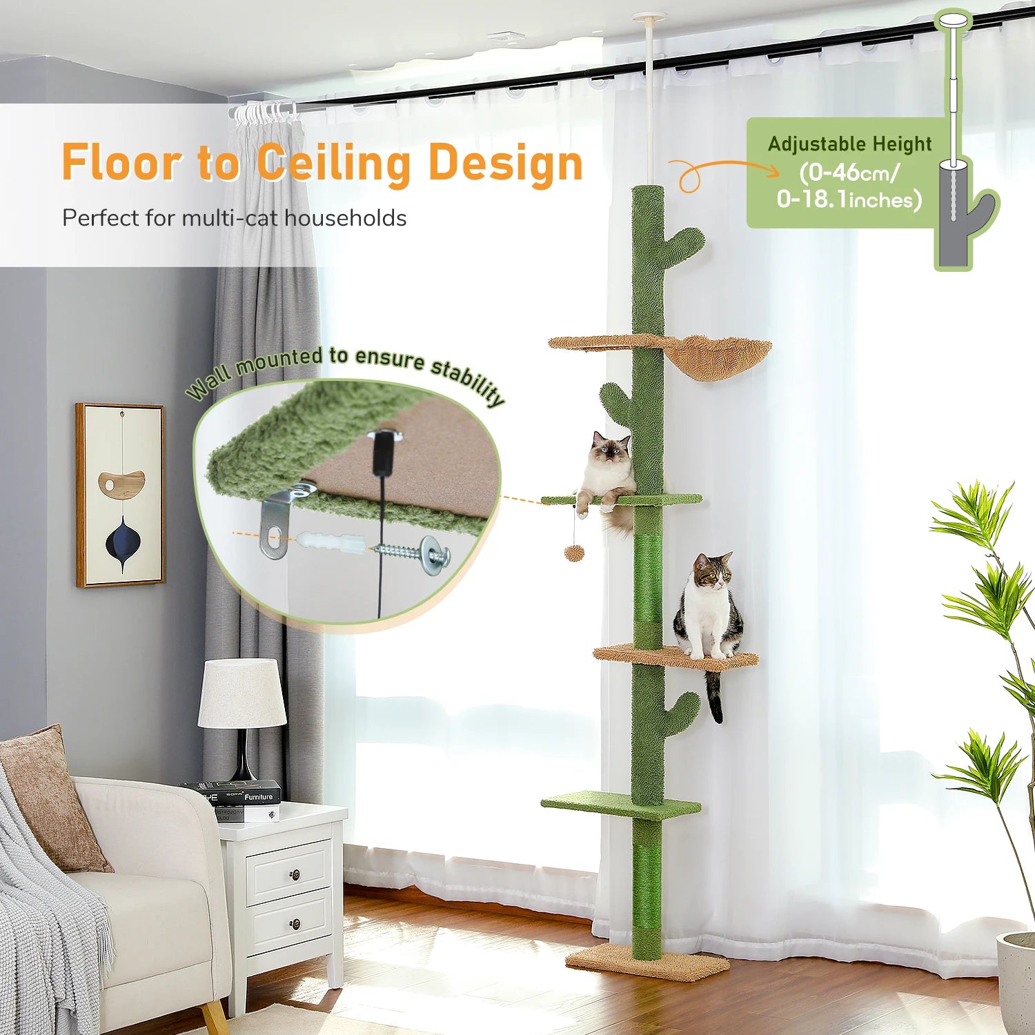 Adjustable Height Tall Cactus Cat Tree Scratching Post