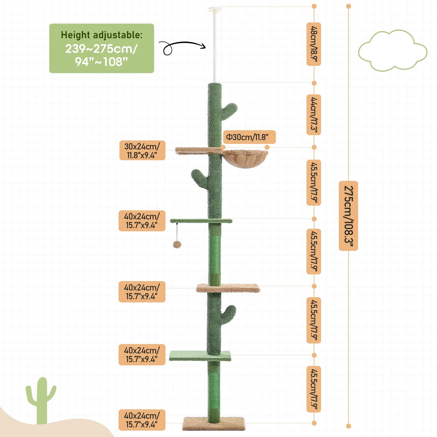Adjustable Height Tall Cactus Cat Tree Scratching Post
