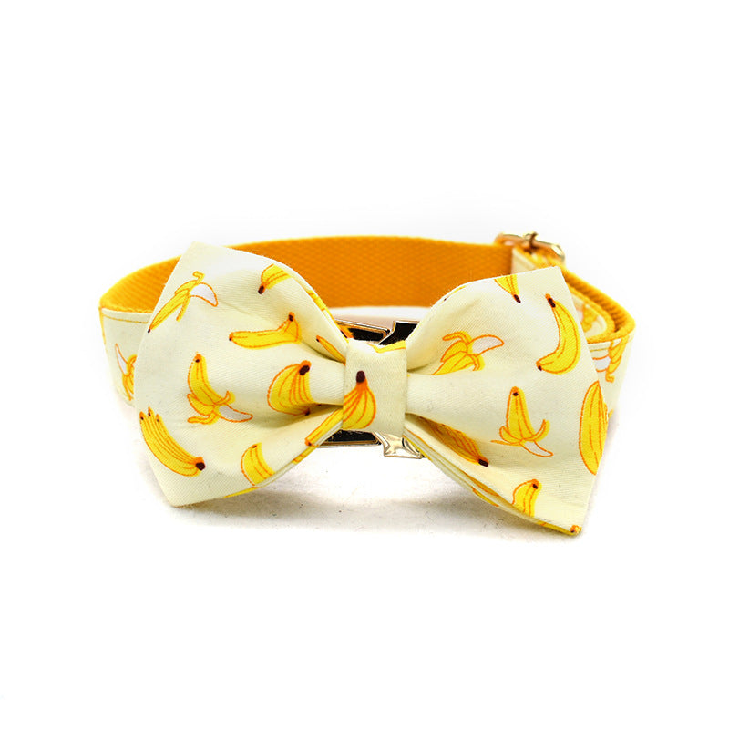 1.5m Rope Yellow Bowtie Banana Dog Traction Rope Pet Collar - Engravable With Gold Metal Buckle
