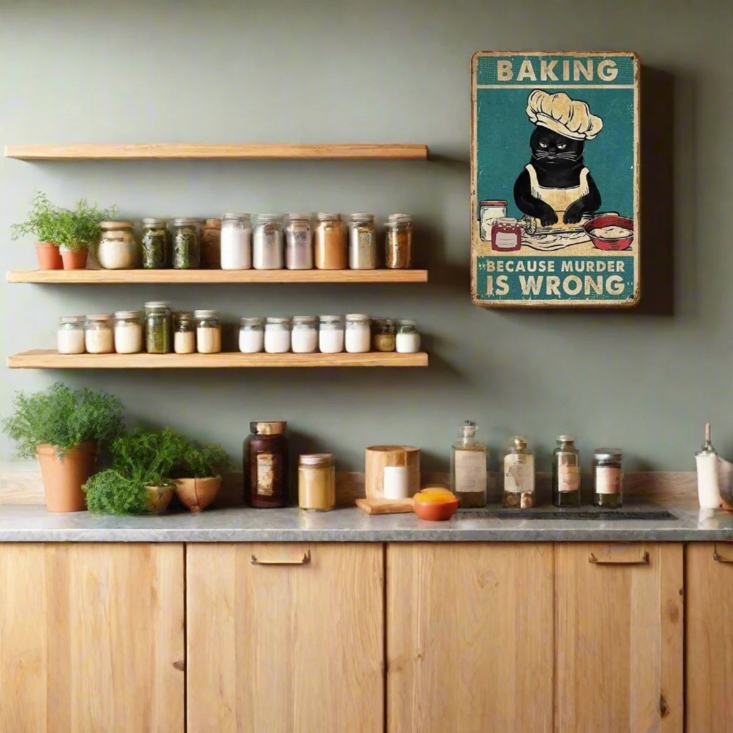 Baking Because Murder is Wrong Metal Vintage Cat Sign
