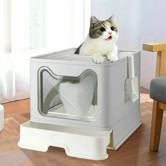 Front Entry Top Exit Foldable Travel Cat Litter Box with Lid and Plastic Scoop