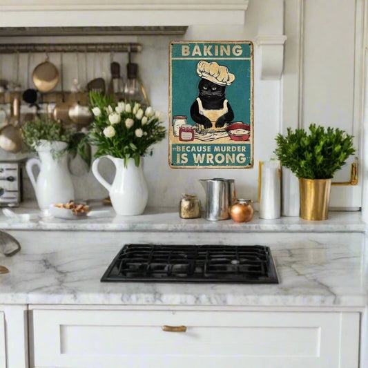 Baking Because Murder is Wrong Metal Vintage Cat Sign