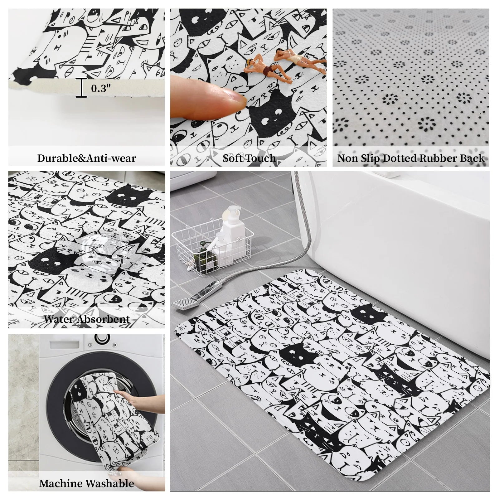 Black and White Animated Cats with Differing Expressions Kitchen Mat