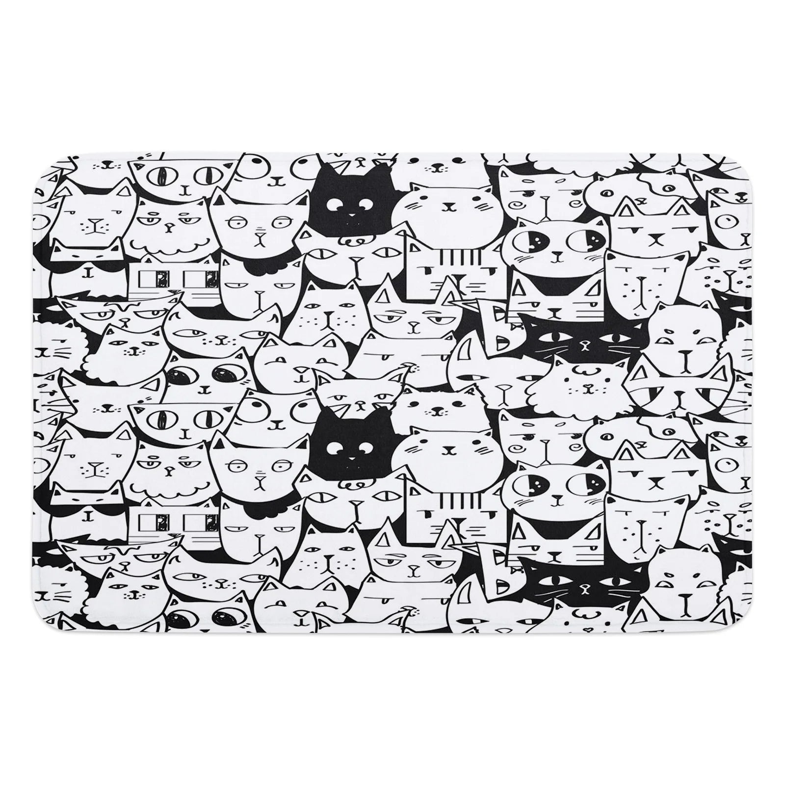 Black and White Animated Cats with Differing Expressions Kitchen Mat