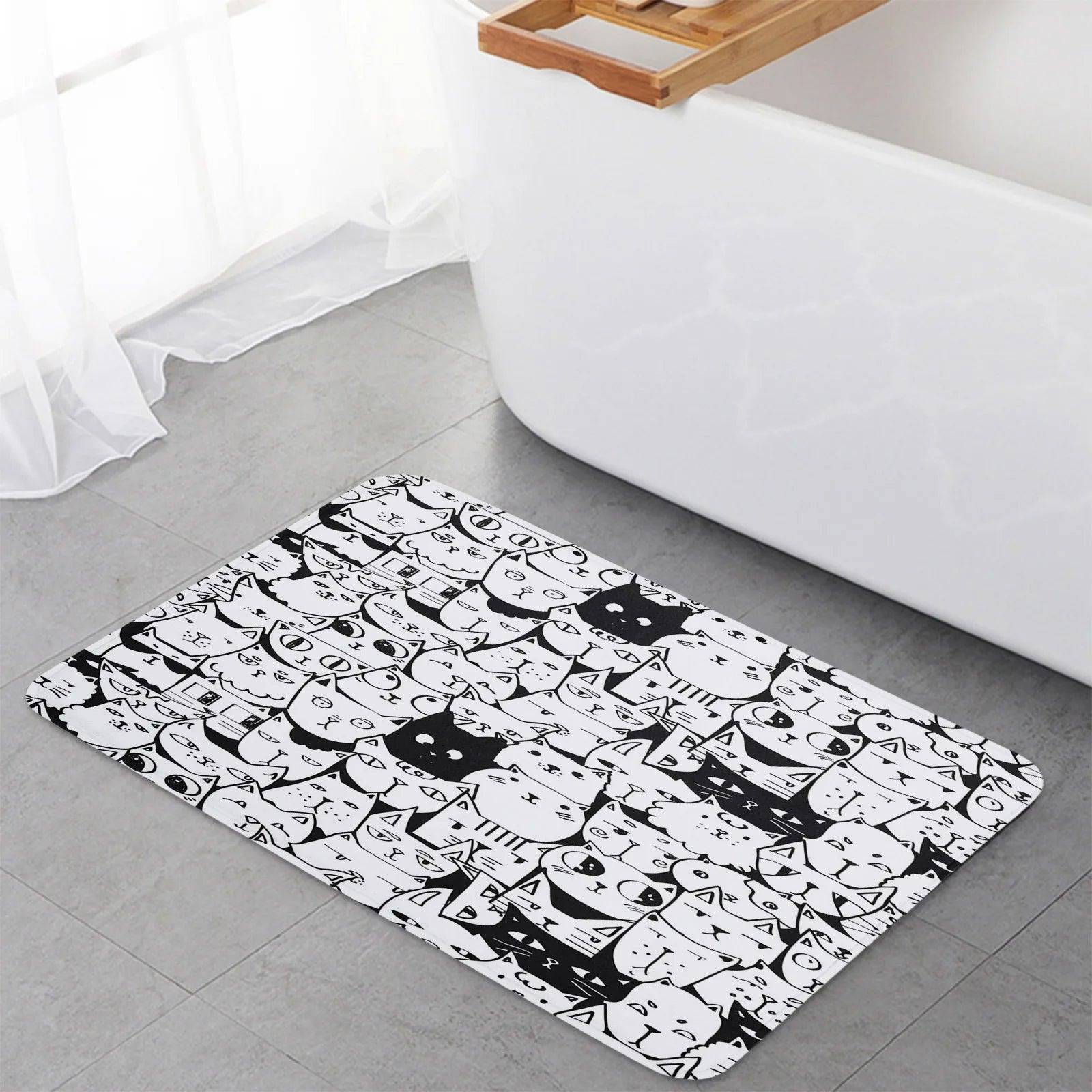 Black and White Animated Cats with Differing Expressions Kitchen Mat