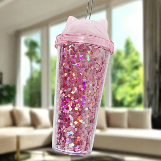 Cat Ears Plastic BPA Free Water Bottle with Straw