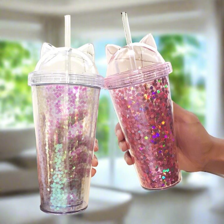 Cat Ears Plastic BPA Free Water Bottle with Straw