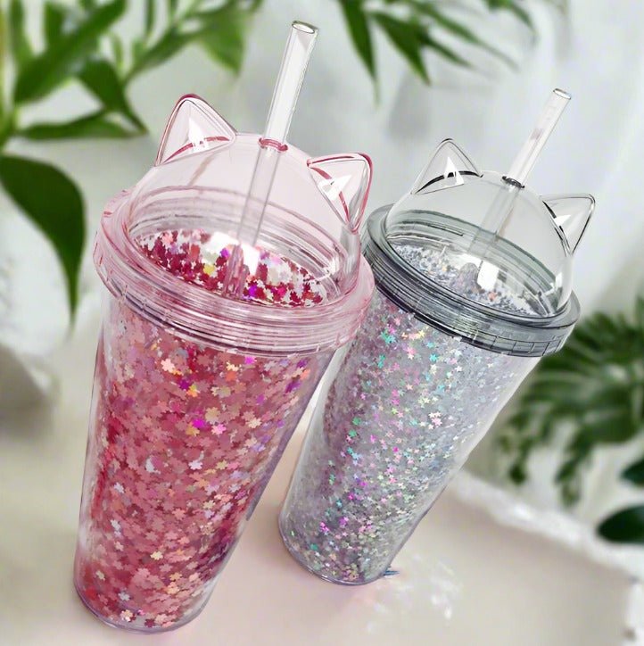 Cat Ears Plastic BPA Free Water Bottle with Straw