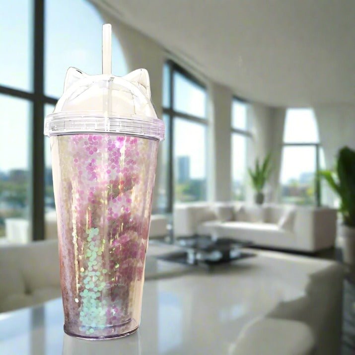 Cat Ears Plastic BPA Free Water Bottle with Straw