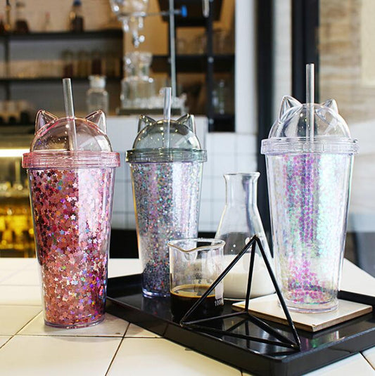 Cat Ears Plastic BPA Free Water Bottle with Straw