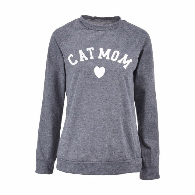 Cat Mom Heart Print Long Sleeve Sweatshirt