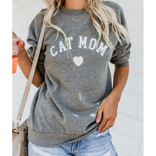Cat Mom Heart Print Long Sleeve Sweatshirt
