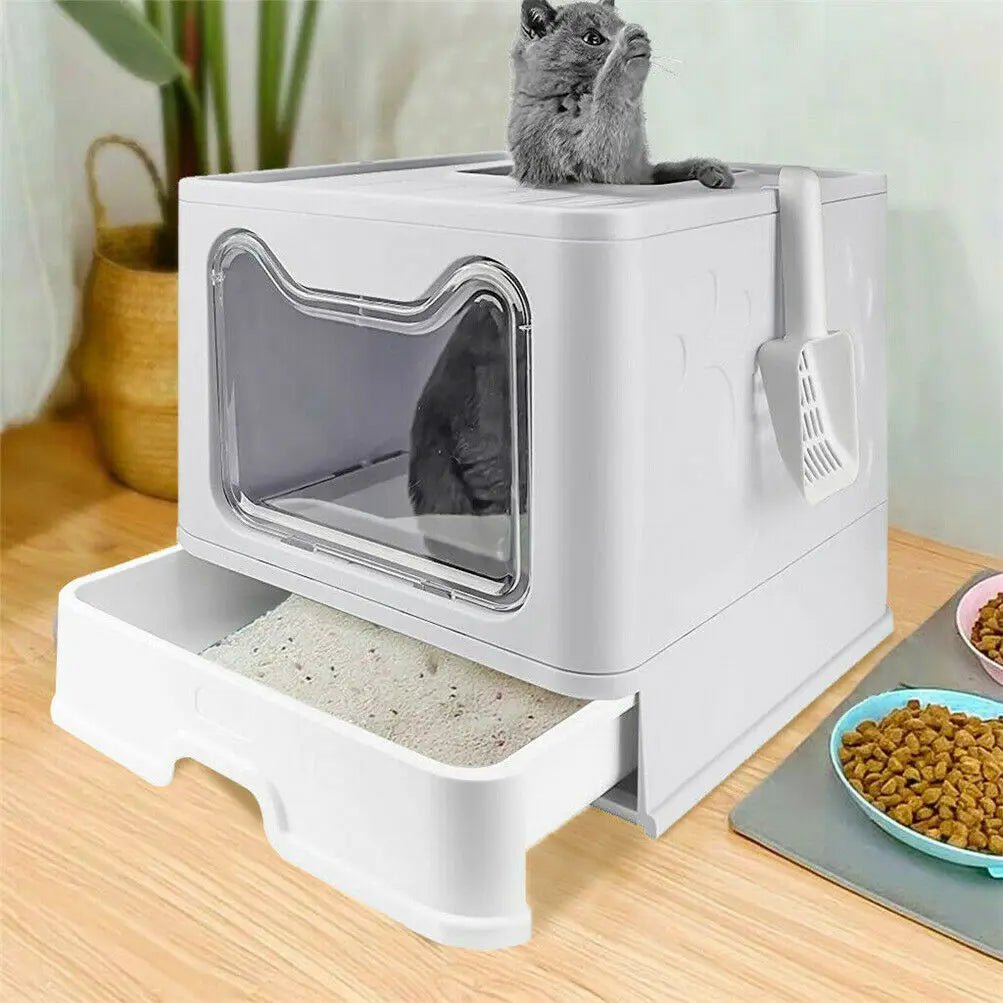 Front Entry Top Exit Foldable Travel Cat Litter Box with Lid and Plastic Scoop