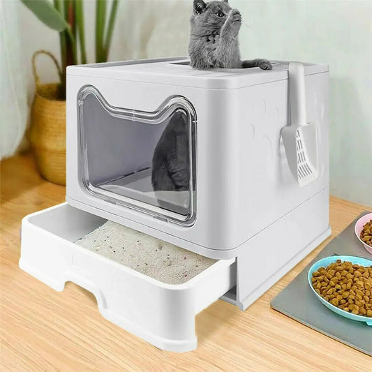 Front Entry Top Exit Foldable Travel Cat Litter Box with Lid and Plastic Scoop