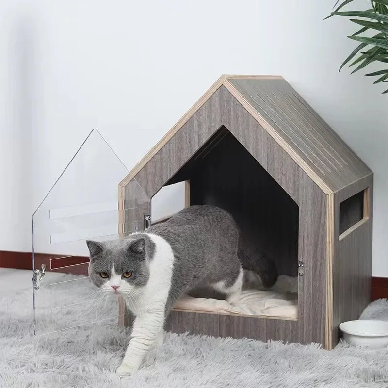 Modern Indoor Cat House with Acrylic Door and Mattress