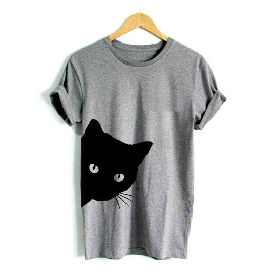 Peeking Cat Funny T-Shirt Women's Cotton