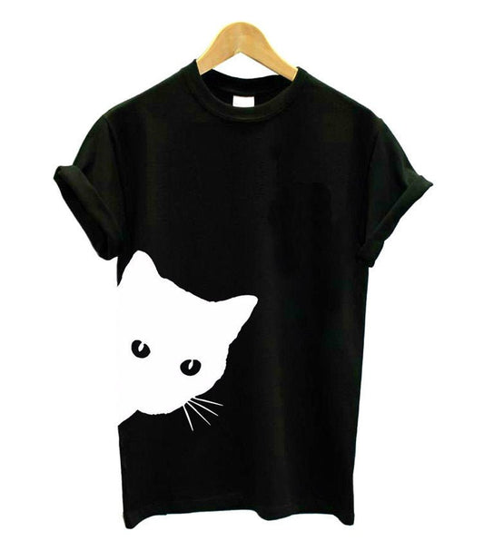Peeking Cat Funny T-Shirt Women's Cotton