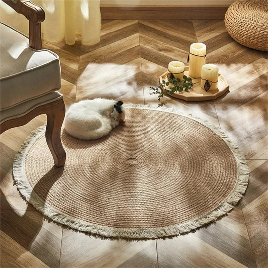 Vintage Round Handwoven Rattan Rug
