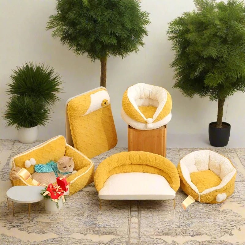 Yellow and White Cat Bed and Sleeping Mat Collection